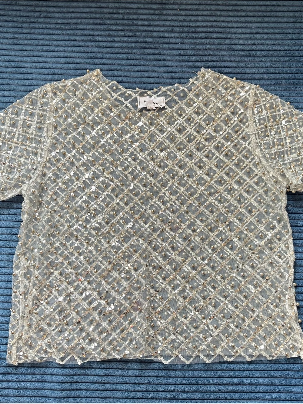 wowo sequin bead trim round neck short sleeve blouse/top